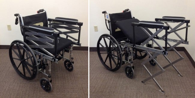 Wheelchair with built-in seat lift, integrated walker 