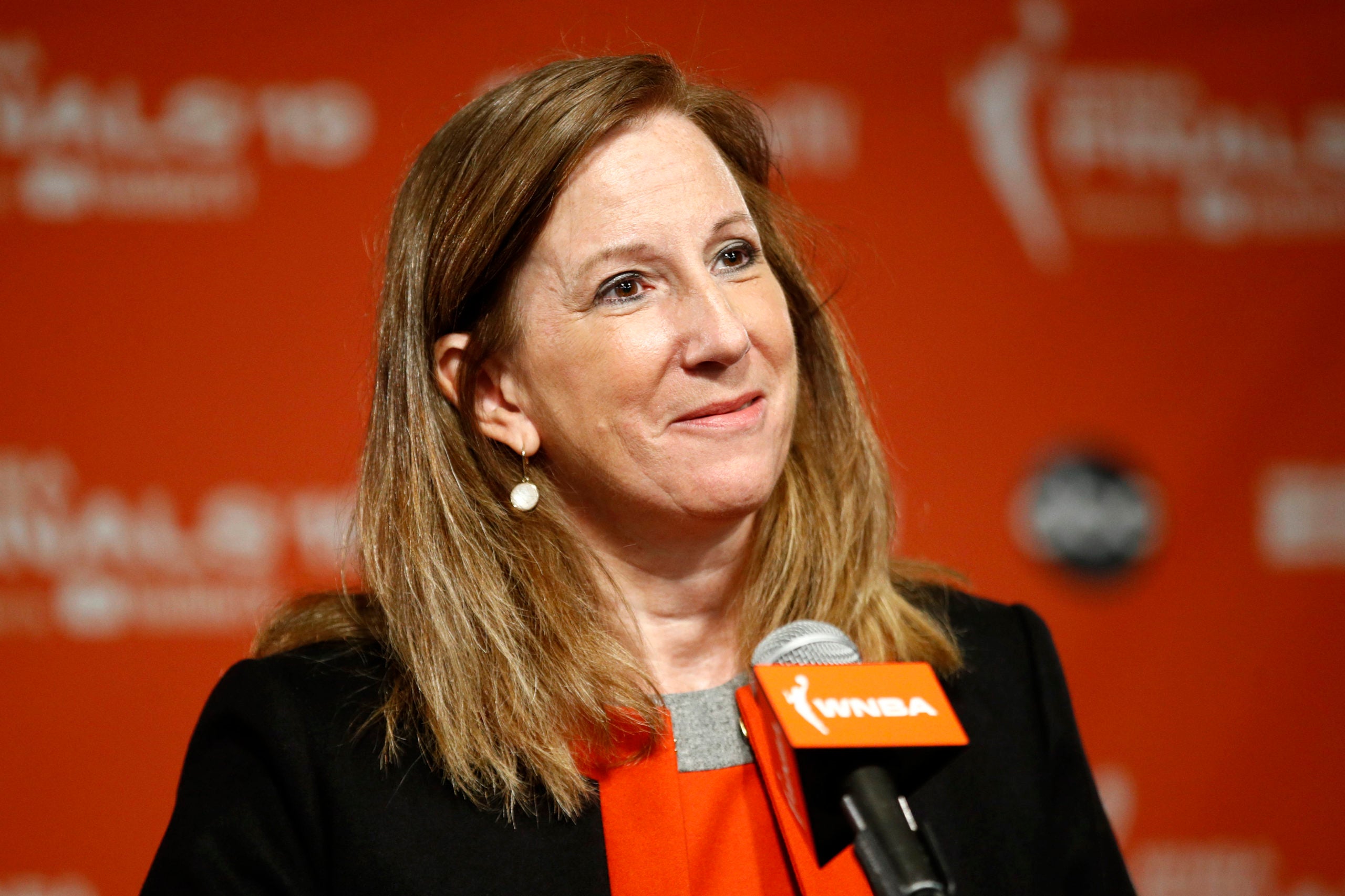 FILE -WNBA Commissioner Cathy Engelbert speaks at a news conference before Game 1 of basketball's WNBA Finals between the Connecticut Sun and the Washington Mystics, Sunday, Sept. 29, 2019, in Washington. The WNBA will expand its Finals next year to a best-of-7 format the league announced on Thursday, Oct. 10, 2024. (AP Photo/Patrick Semansky, File)