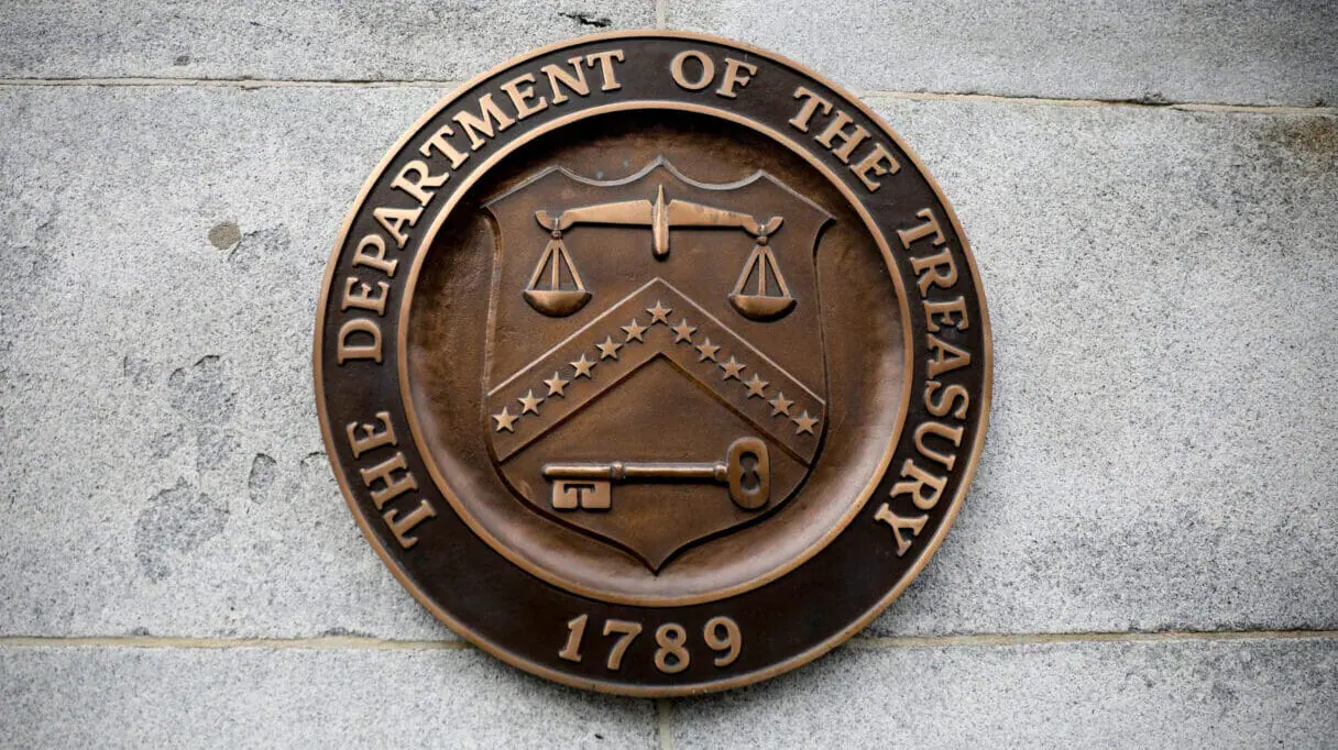 Logo of United States Treasury Department is seen in Washington, DC, United States on Feb. 4, 2020. (Yasin Ozturk/Anadolu Agency via Getty Images)