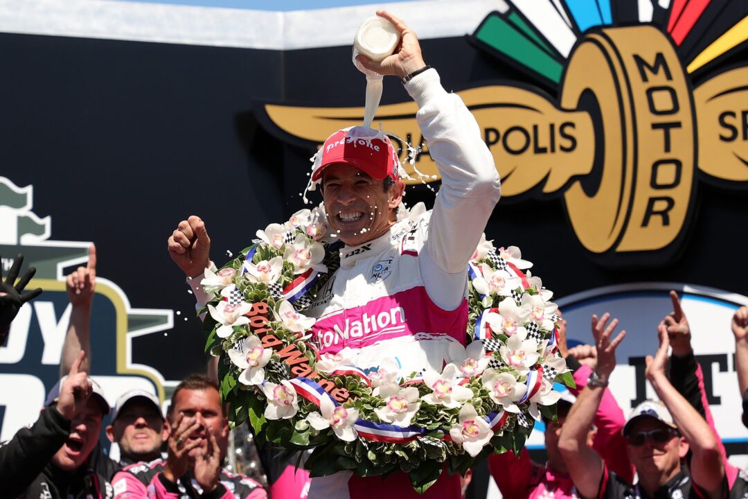 INDIANAPOLIS, INDIANA - MAY 30: Helio Castroneves of Brazil, driver of the #06 AutoNation/SiriusXM Meyer Shank Racing Honda, celebrates after winning the 105th running of the Indianapolis 500 at Indianapolis Motor Speedway on May 30, 2021 in Indianapolis, Indiana. (Photo by Stacy Revere/Getty Images)