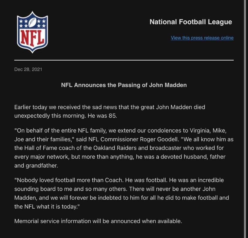 John Madden, NFL and broadcasting legend, dead at 85