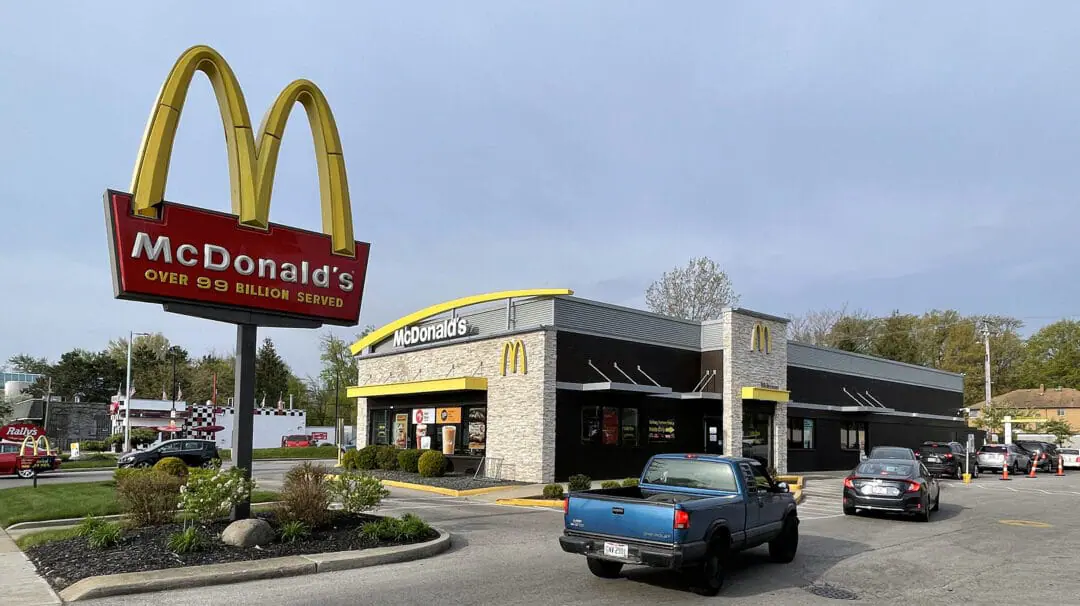 Cars wait in a drive-thru line at a McDonald's restaurant, Wednesday, April 28, 2021, in Cleveland. (Photo by Image of Sport/Sipa USA)No Use Germany.