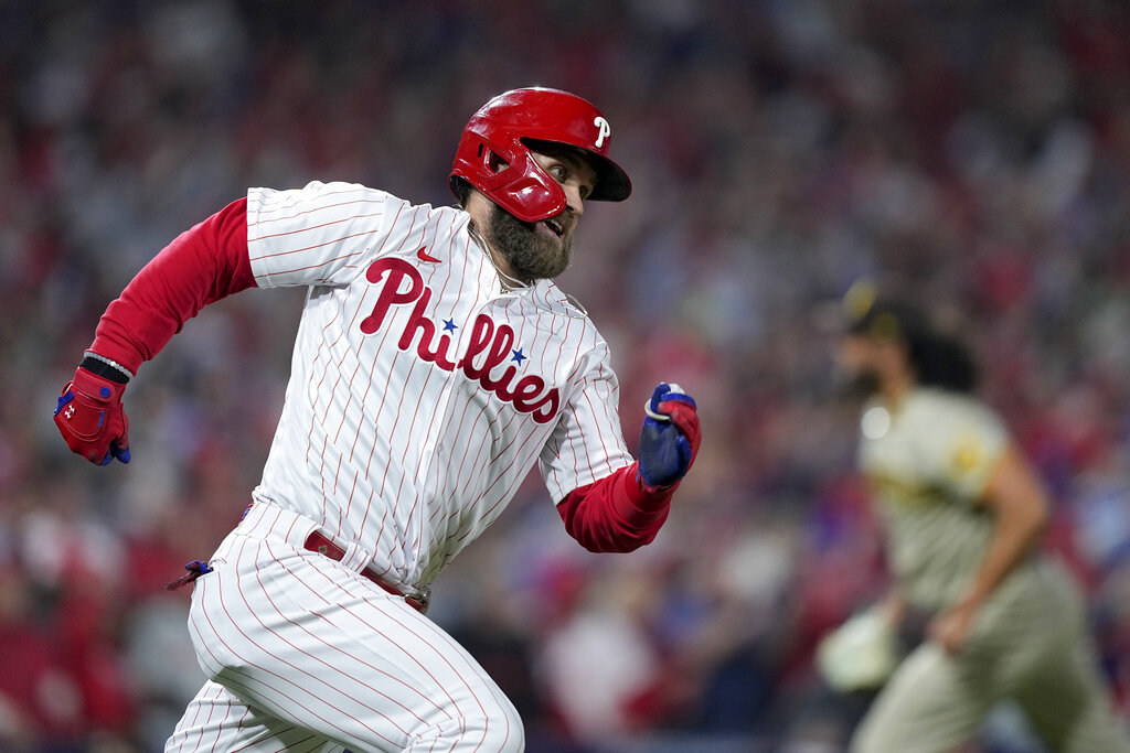 Philadelphia Phillies' Rhys Hoskins celebrates his two-run home run during  the third inning in Game 5 of the baseball NL Championship Series between  the San Diego Padres and the Philadelphia Phillies on