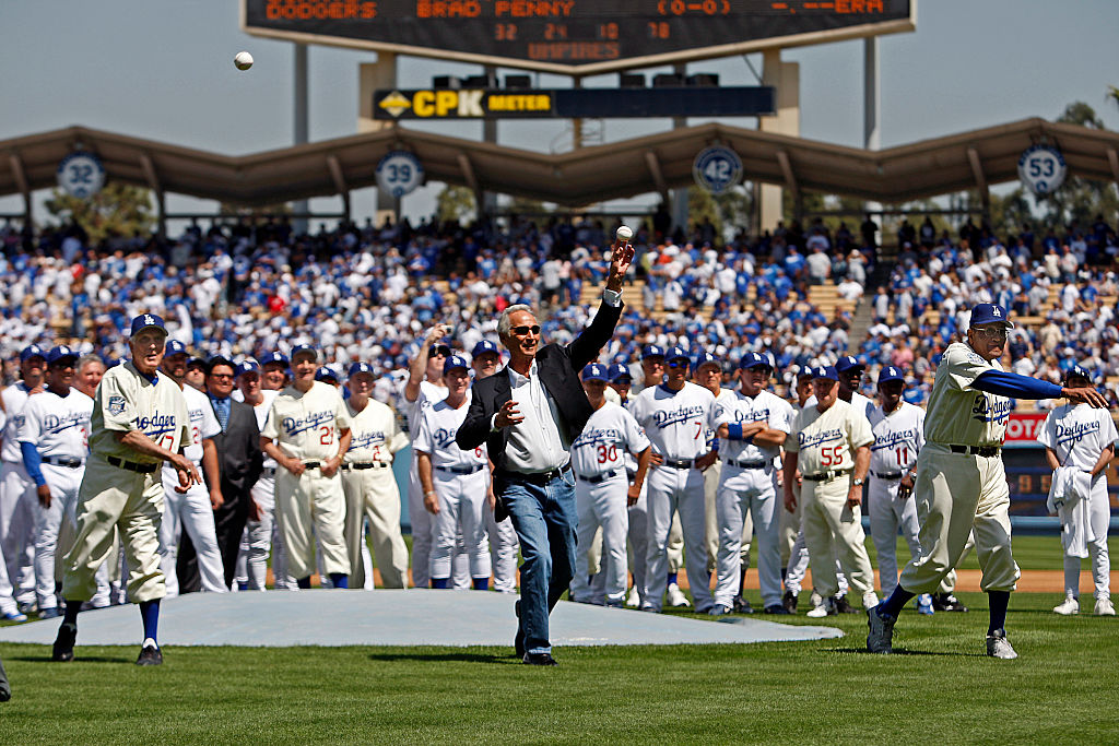 Dodger greats Carl Erskine, left, Sandy Koufax, center and Don Newcombe throw out first pitch in the season opener against the San Francisco Giants at Dodger Stadium in the season opening game Monday, March 31, 2008. (Photo by Allen J. Schaben/Los Angeles Times via Getty Images)