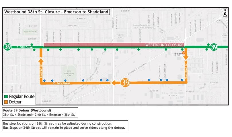 A map showing the detour route for IndyGo Bus Route 39 when Purple Line construction enters a new phase on April 10, 2023. (Provided Photo/IndyGo)