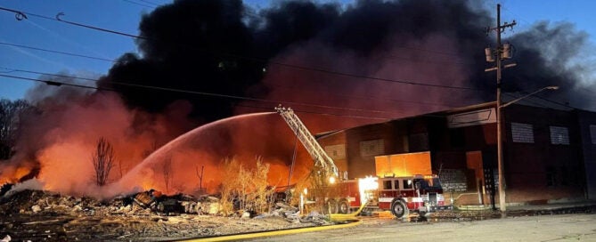 A photo of the fire at the Richmond Ind. warehouse that spawned a class action lawsuit.