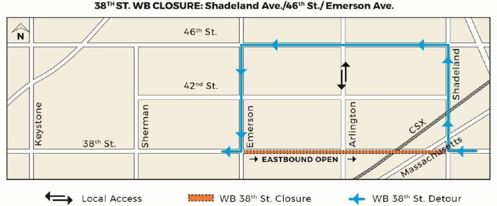 A map showing the detour route for westbound 38th Street once IndyGo Purple Line construction begins on April 10, 2023. (Provided Photo/IndyGo)