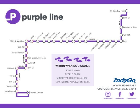 A map showing the planned route for the IndyGo Purple Line when construction is complete in 2024. (Provided Photo/IndyGo)