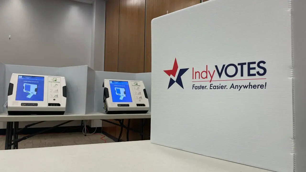 A voting machine is obscured by a divider at the Marion County Clerk's Office inside the Indianapolis City-County Building on May 1, 2023. (WISH Photo/Hanna Mordoh)