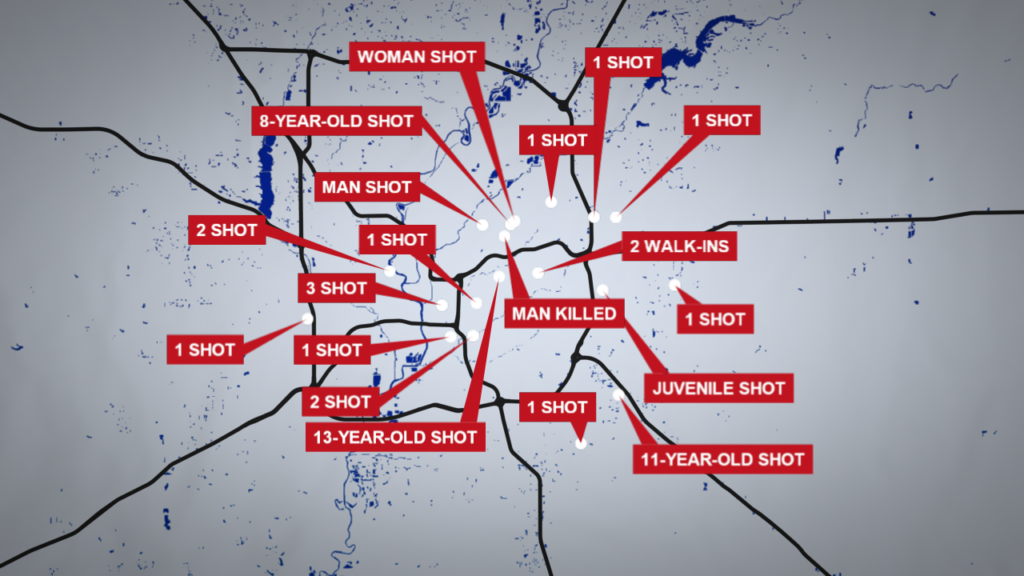 A wave of weekend gun violence that began Friday and continued into Monday morning left a man dead and more than 20 people injured, IMPD says. (WISH Graphic)