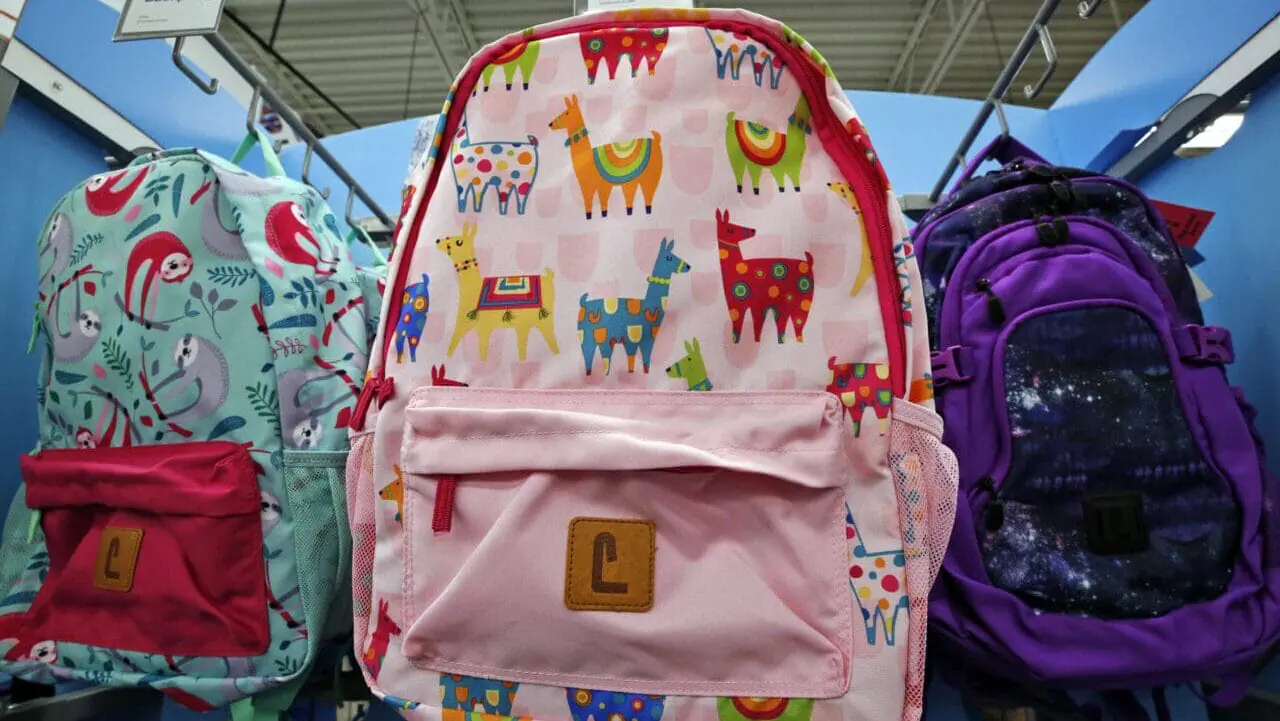 This is a display of back to school backpacks in a Staples store in Pittsburgh Wednesday, July 18, 2018. IMPD and Allison Transmission are handing out backpacks filled with school supplies on July 26, 2023. (AP Photo/Gene J. Puskar)