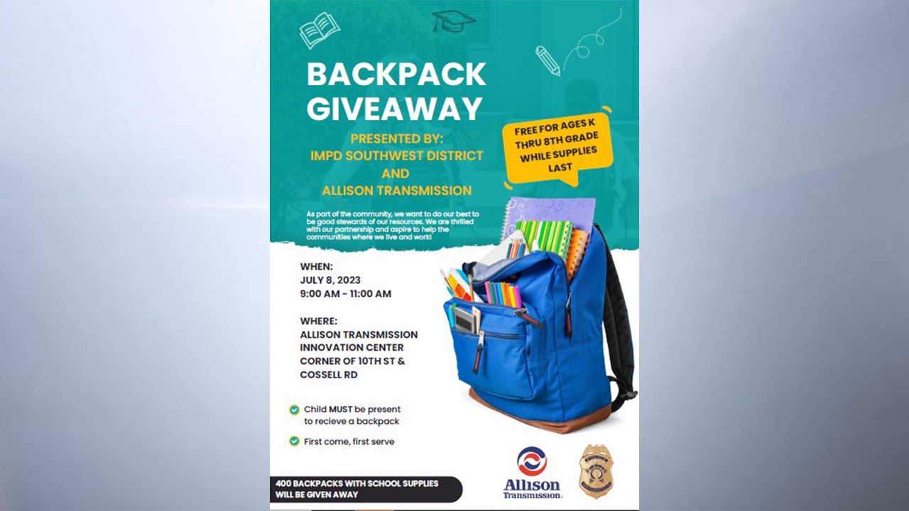 Police officers and volunteers will hand out 800 backpacks to students during the the 2023 IMPD Southwest District Backpack Drive on July 8, 2023. (Provided Photo/IMPD Southwest District)