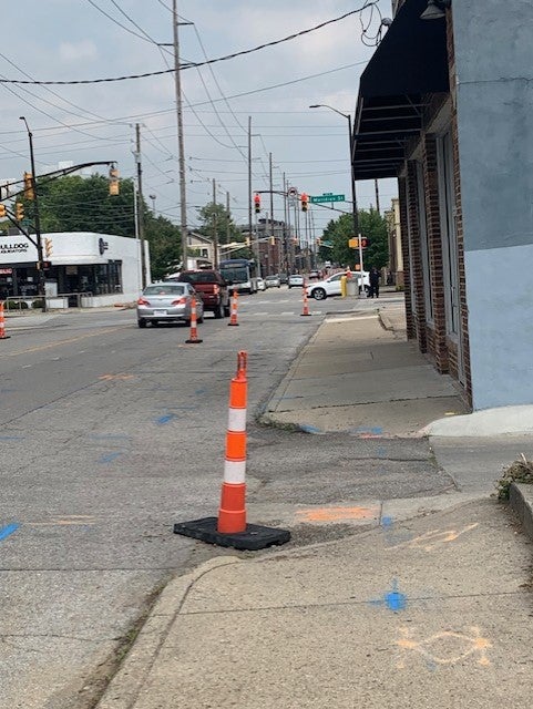 Indy Public Works traffic cones going east