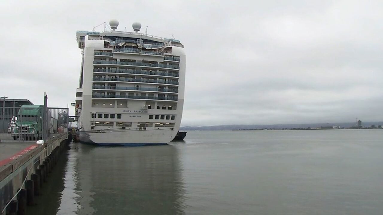 Princess Cruises said it was still planning to board passengers onto the Ruby Princess, but it was not clear when the ship would leave for Alaska. (Photo by KGO-TV via CNN)