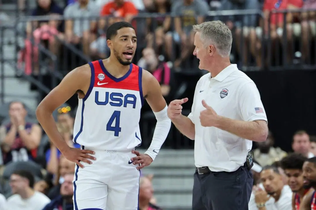 Tyrese Haliburton #4 of the United States talks with head coach Steve Kerr in the second half of a 2023 FIBA World Cup exhibition game against Puerto Rico at T-Mobile Arena on August 07, 2023 in Las Vegas, Nevada. Indiana Pacers guard Tyrese Haliburton scored 16 to help Team USA rally past Germany 99-91 on Sunday ahead of the FIBA World Cup.(Photo by Ethan Miller/Getty Images)