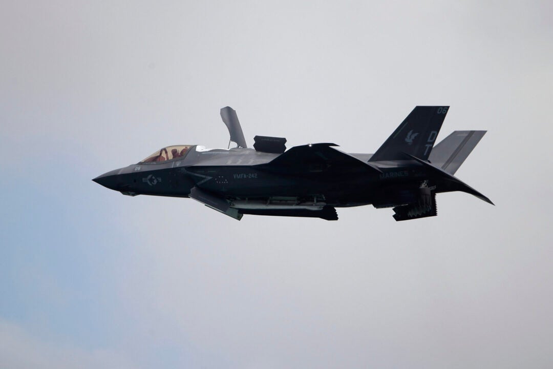 A United States Marine Corps F-35B Lightning II takes part in an aerial display during the Singapore Airshow 2022 at Changi Exhibition Centre in Singapore.  U.S. military officials found debris from the F-35 fighter jet that crashed Sunday in South Carolina after its pilot was forced to eject. (AP Photo/Suhaimi Abdullah)