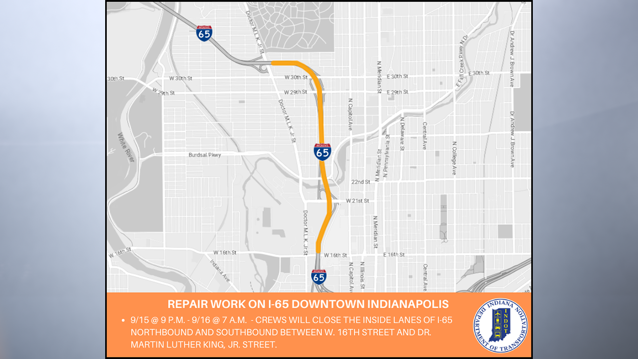 Drivers who use I-65 to get through downtown Indianapolis will need to plan for lane closures Friday night and Saturday morning. (Provided Photo/INDOT)