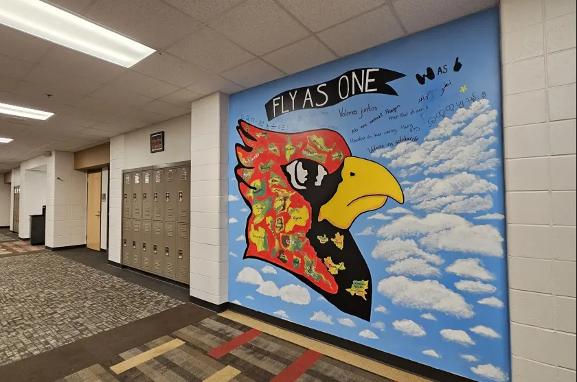 A mural at Southport High School in Perry Township schools depicts the countries where students lived before immigrating to Indiana. Perry Schools has the second largest population of English language learner students in the state.