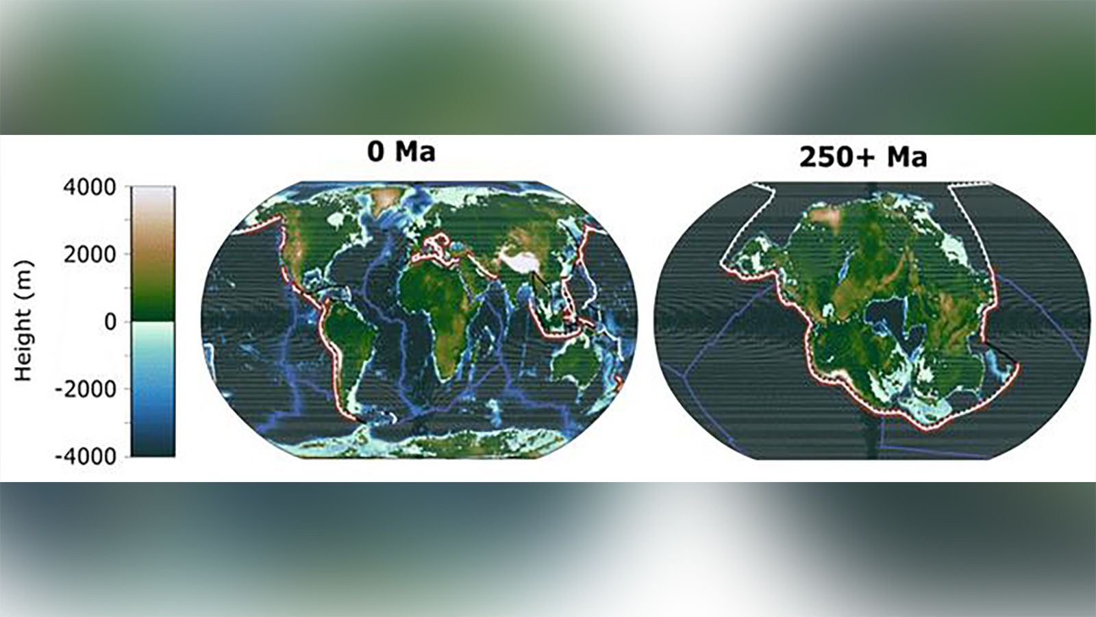 This image shows the geography of today's Earth and the projected geography of Earth in 250 million years, when all the continents converge into one supercontinent.