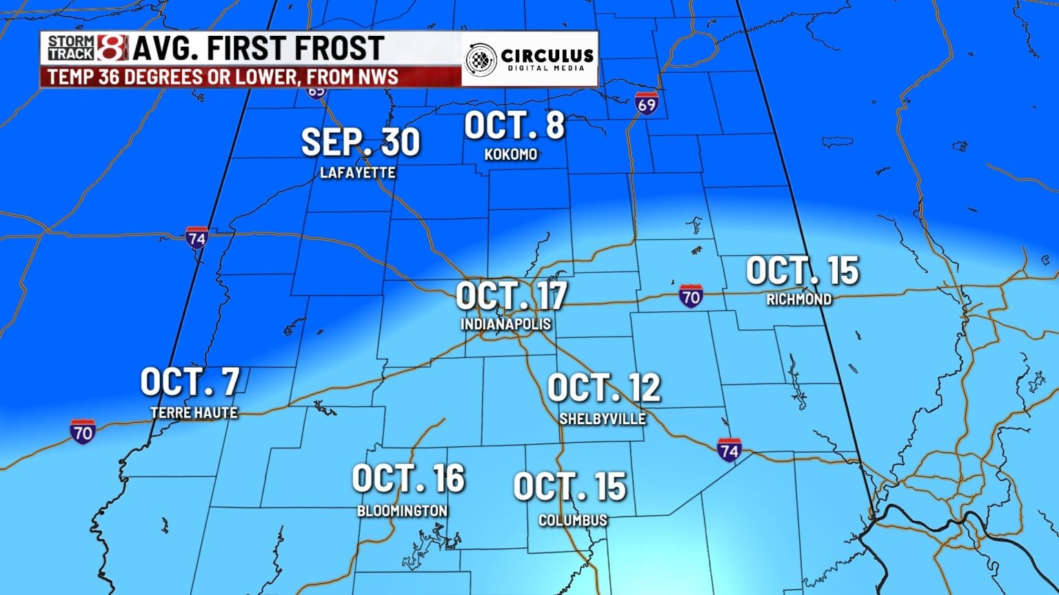 When does central Indiana usually see its first frost and freeze