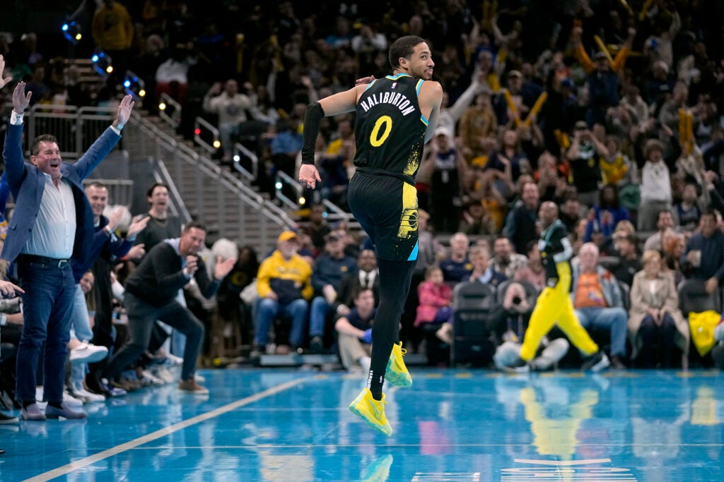 Indiana Pacers' Tyrese Haliburton celebrates after hitting a three point shot during the first half on an NBA In-Season Tournament basketball game against the Detroit Pistons, Friday, Nov. 24, 2023, in Indianapolis