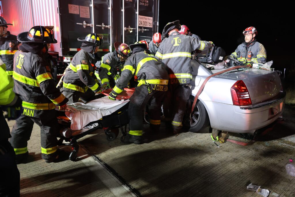 A 23-year-old man was seriously injured after he rear-ended a semitrailer and became trapped under the trailer on Interstate 70 on the near east side of Indianapolis on Nov. 26, 2023. 