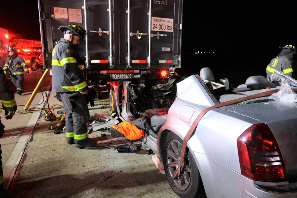 A 23-year-old man was seriously injured after he rear-ended a semitrailer and became trapped under the trailer on Interstate 70 on the near east side of Indianapolis on Nov. 26, 2023. 