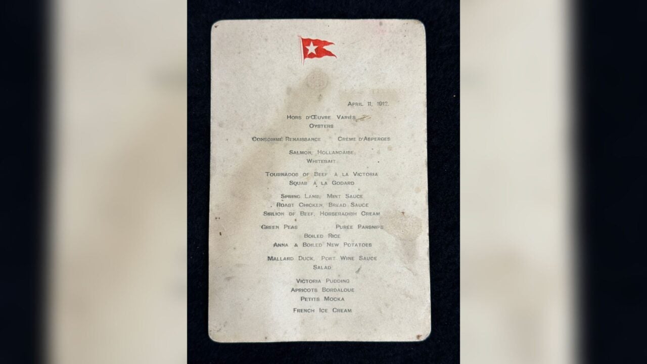 The water-stained menu for Titanic's first-class passengers (Photo Provided/ Henry Aldridge and Son Ltd)