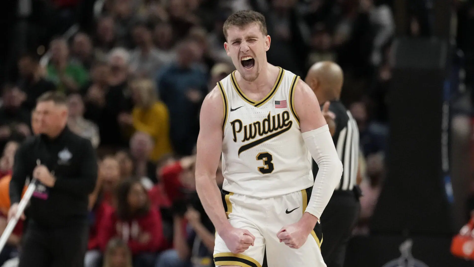 Purdue guard Braden Smith (3) reacts after being fouled in the second half of an NCAA college basketball game against Arizona in Indianapolis, Saturday, Dec. 16, 2023. (AP Photo/AJ Mast)