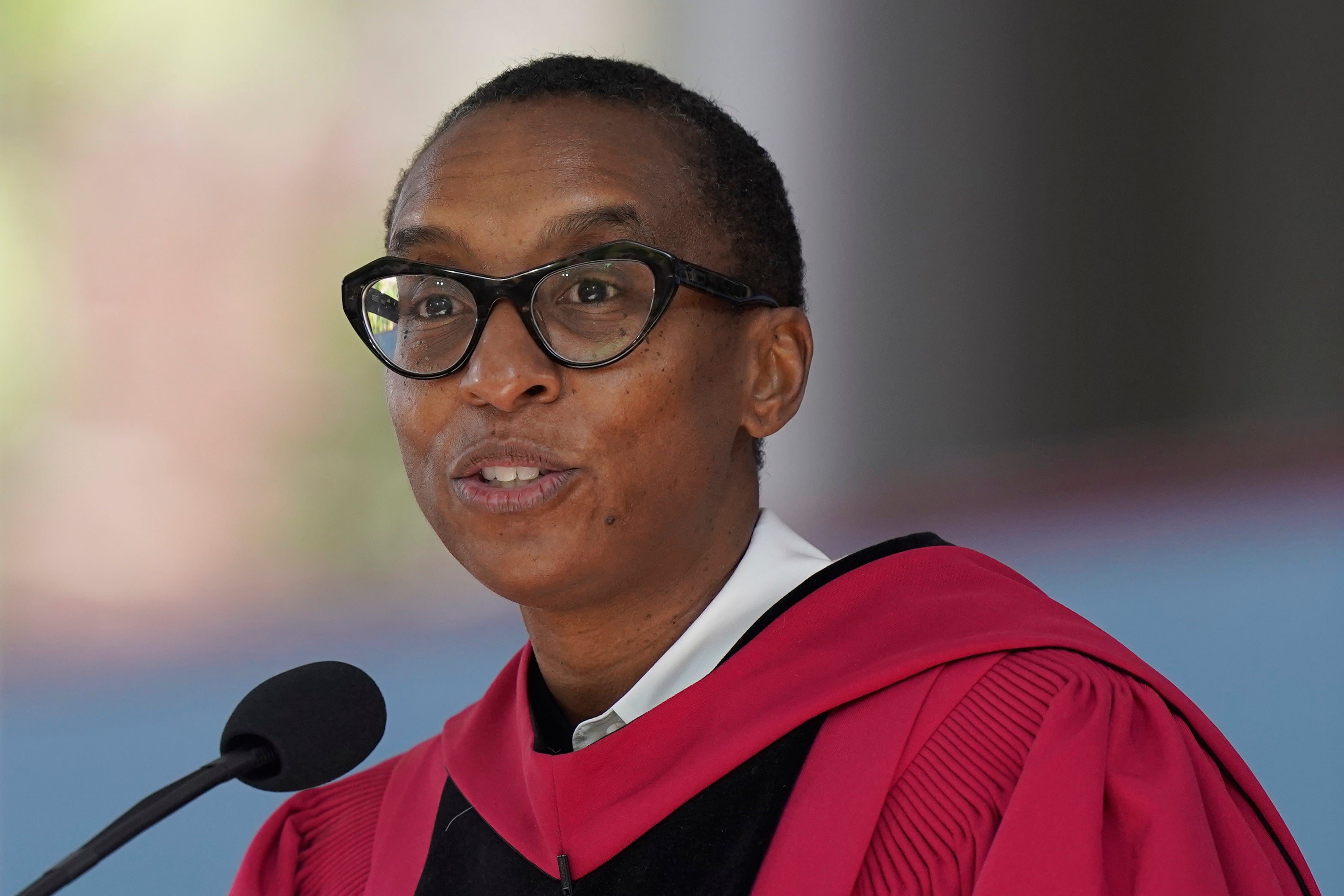 FILE - Then-Edgerley Family Dean of Harvard's Faculty of Arts and Sciences Claudine Gay addresses an audience during commencement ceremonies, May 25, 2023, on the school's campus in Cambridge, Mass. Gay, Harvard University's president, resigned Tuesday, Jan. 2, 2024, amid plagiarism accusations and criticism over testimony at a congressional hearing where she was unable to say unequivocally that calls on campus for the genocide of Jews would violate the school’s conduct policy.