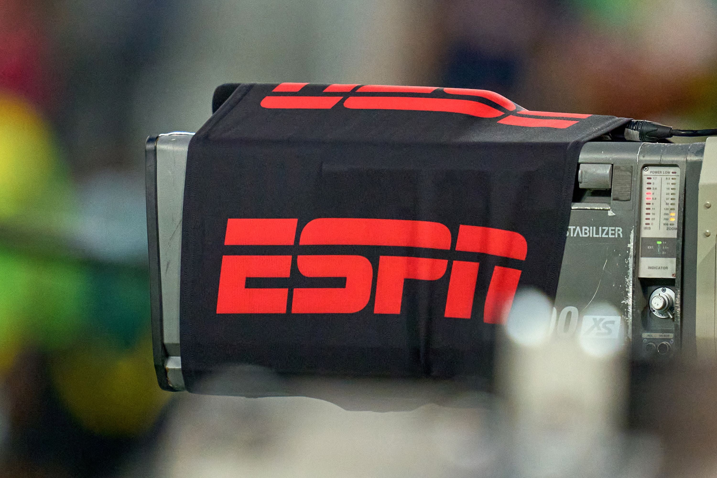 A detail view of an ESPN logo is seen on a broadcast tv camera during a CONCACAF World Cup qualifying match between the United States and Jamaica on October 7, 2021 at Q2 Stadium in Austin, TX. ESPN returned dozens of Emmy statues and “disciplined” employees after an investigation was disclosed on January 11. (Photo by Robin Alam/Icon Sportswire/Getty Images)