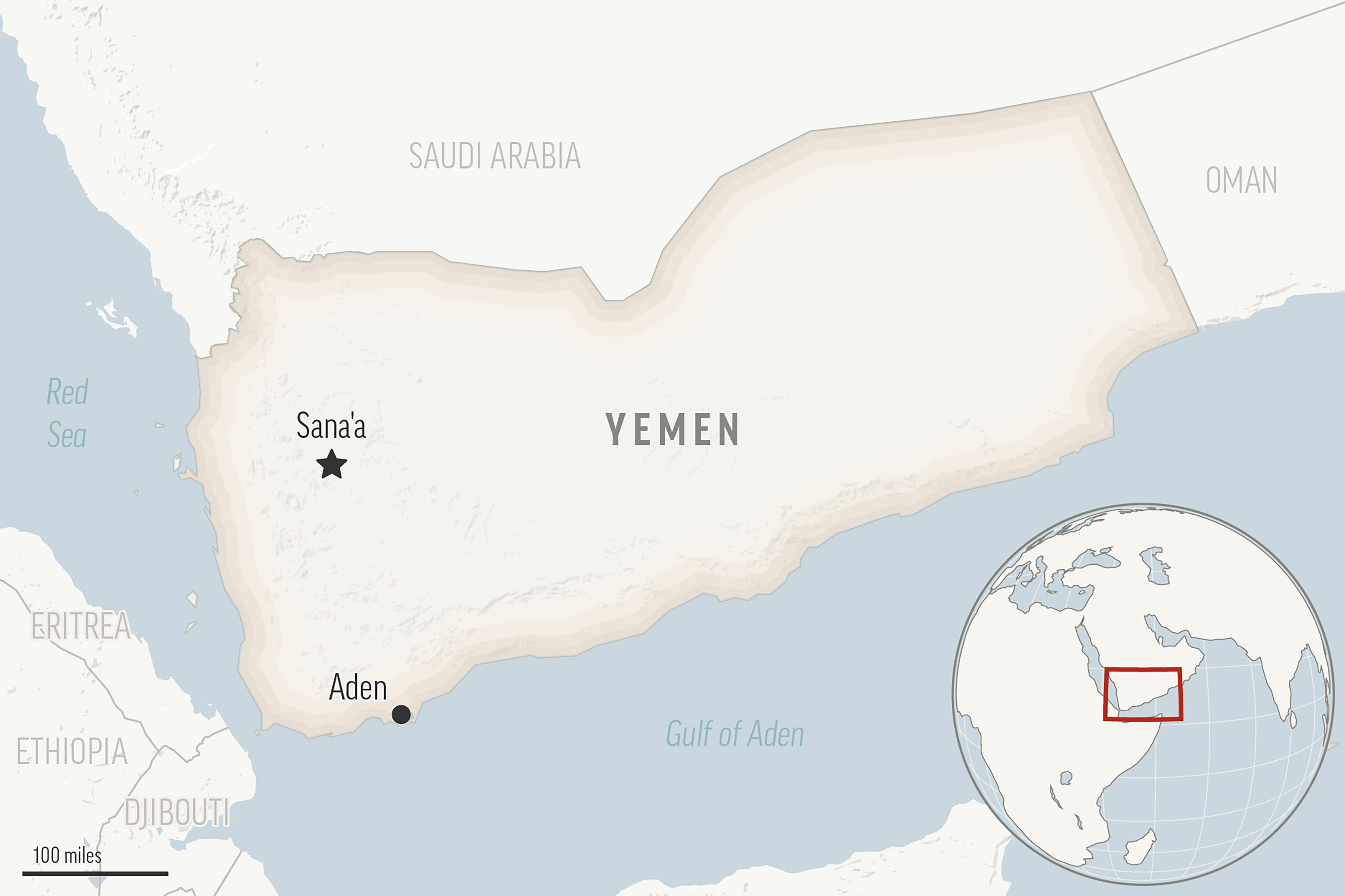 This is a locator map for Yemen with its capital, Sanaa. Houthi rebels fired a missile, striking a U.S.-owned ship Monday just off the coast of Yemen in the Gulf of Aden. (AP Photo)