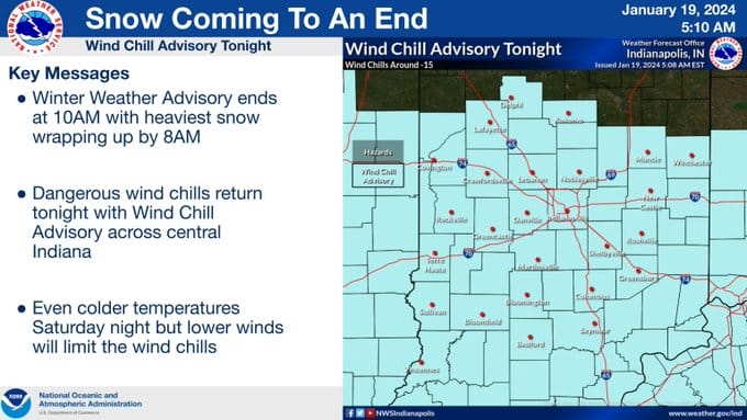 A Winter Weather Advisory is in place for much of Indiana through 10 a.m. EST. Cold temperatures will return tonight with wind chills around 15 below zero. Chilly temperatures will continue into the weekend. (Provided Photo/National Weather Service)