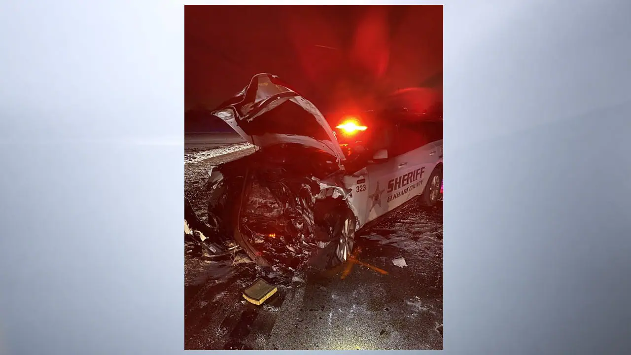 Indiana State Police were investigating after an 18-year-old man crashed his car head-on into a Elkhart County Sheriff's Office vehicle on Jan. 21, 2024.