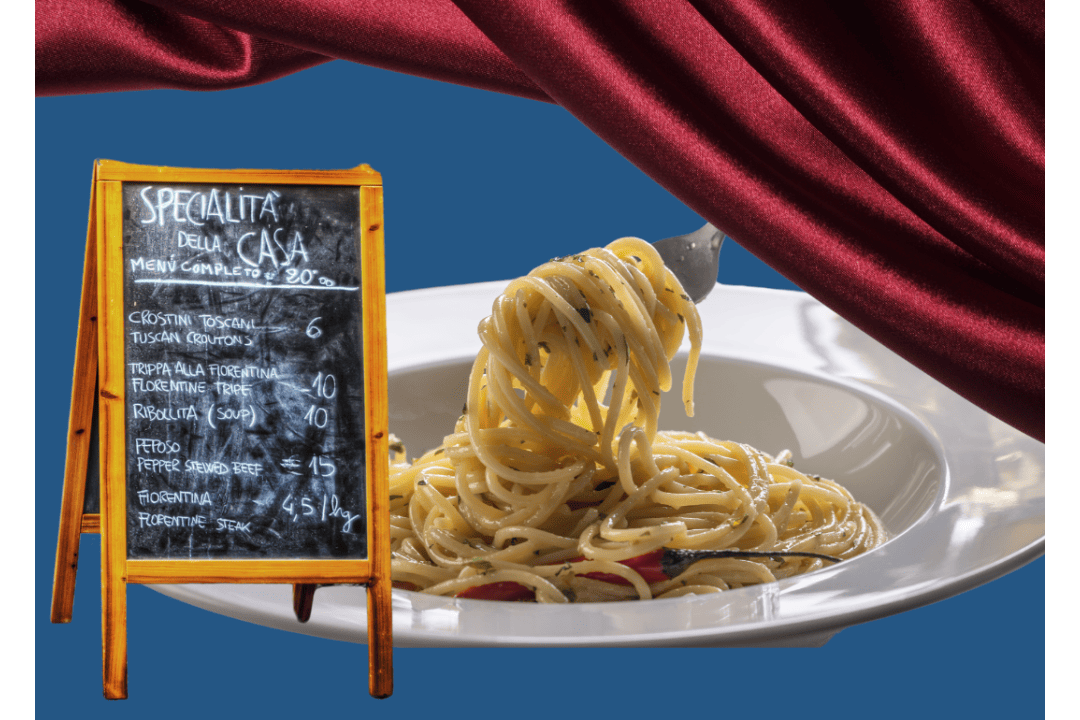 A restaurant menu sign with a bowl of pasta. Check out this list of eight recently opened restaurants in the Indianapolis area. (Photo Illustration by Stacker/Shutterstock)