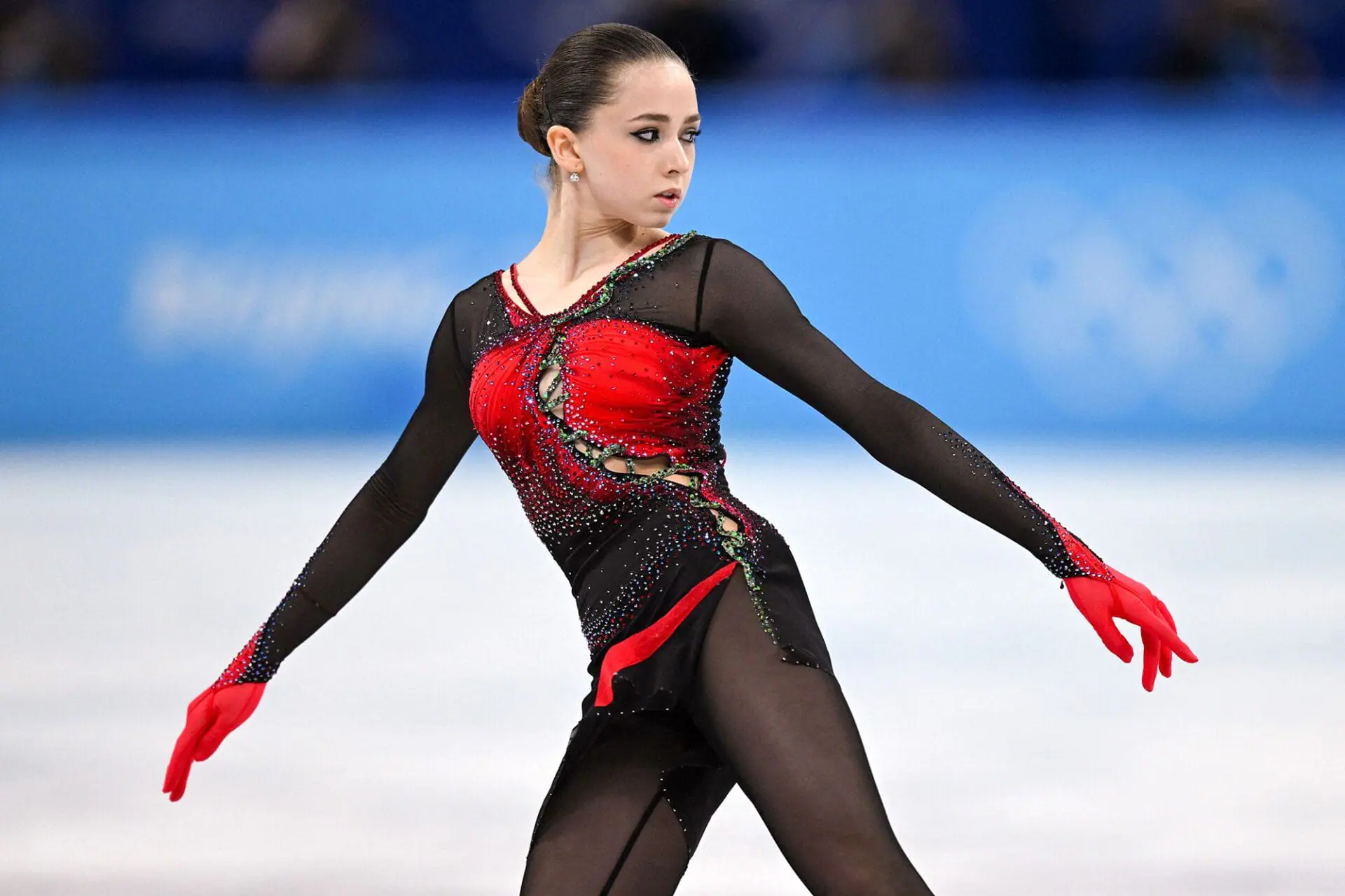 Russia's Kamila Valieva competes in the women's single skating free skating of the figure skating event during the Beijing 2022 Winter Olympic Games at the Capital Indoor Stadium in Beijing on February 17, 2022. The United States Figure Skating team will receive a gold medal for their team event at the 2022 Beijing Winter Olympics, after Russian figure skater Kamila Valieva was handed a four-year ban Monday over a long-running doping controversy. (Photo by Mana Vatsyayana/AFP/Getty Images)