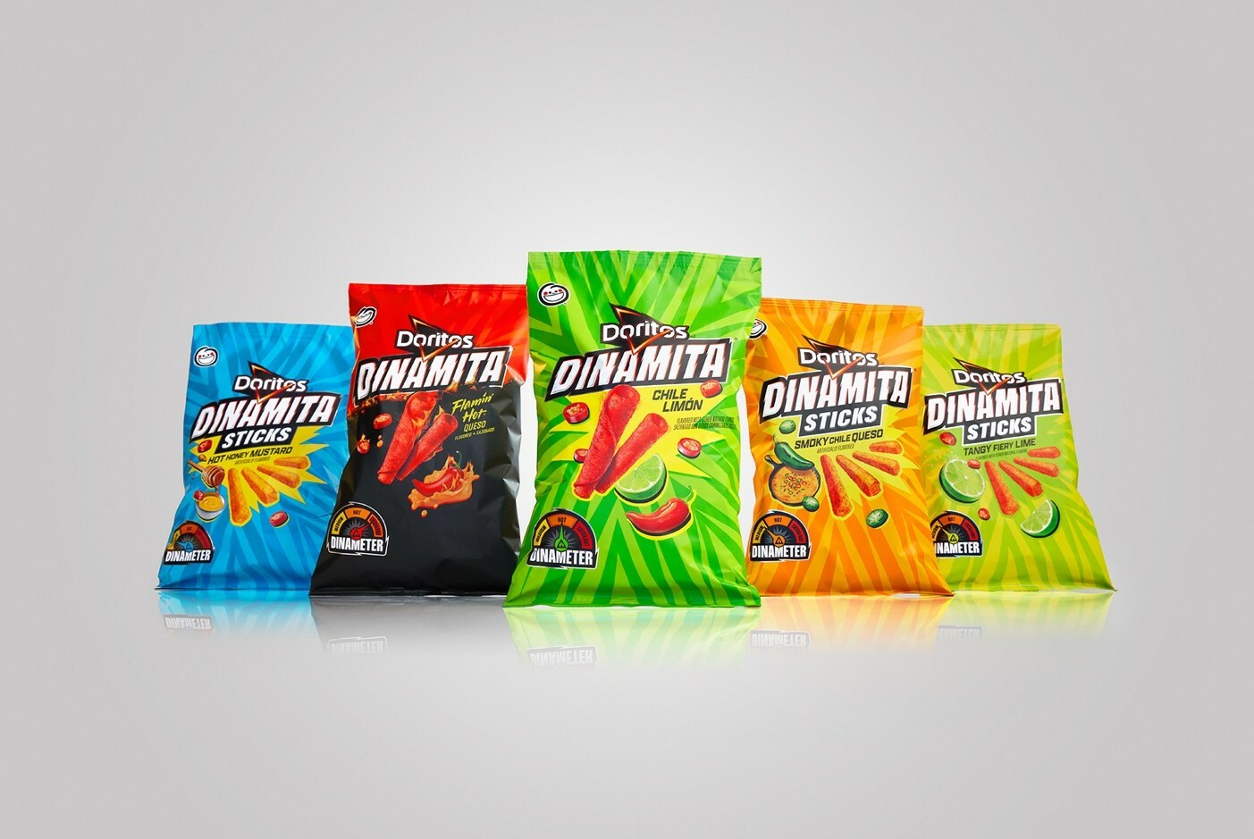 Tired of triangle-shaped Doritos? The answer might be the new Doritos Dinamita. Smoky Chile Queso, Tangy Fiery Lime, and Hot Honey Mustard Dinamitas come in the new Doritos stick design, while Chile Limón and Flamin' Hot® Queso are rolled. (Photo by Frito-Lay)