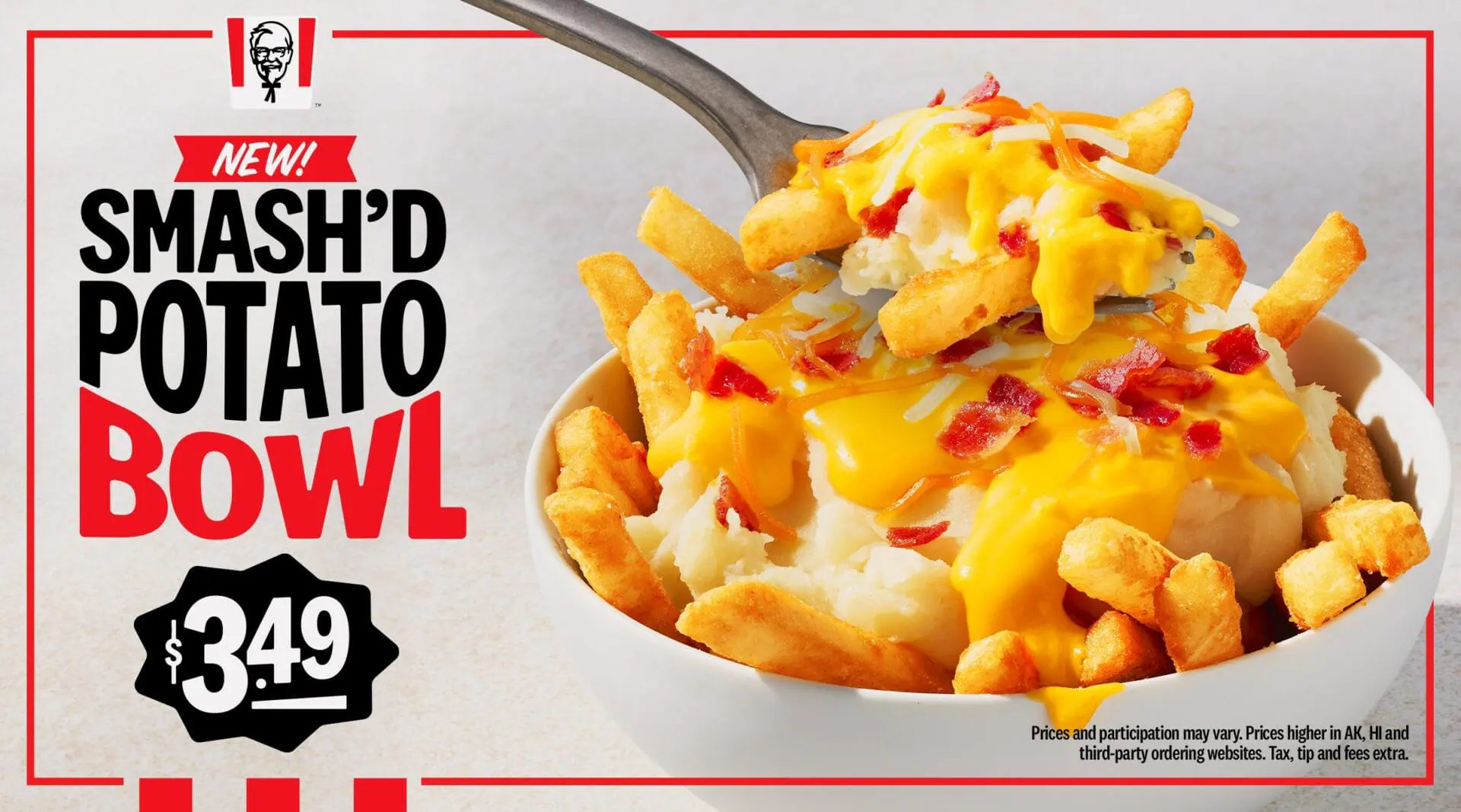 If you like mashed potatoes and mac & cheese with your fried chicken, the new Kentucky Fried Chicken Smash'd Potato Bowl includes crispy Secret Recipe fries, cheese sauce, bacon crumbles, and a three-cheese blend. You can add KFC's crispy or grilled chicken nuggets for a bit of protein. (Photo by Kentucky Fried Chicken)