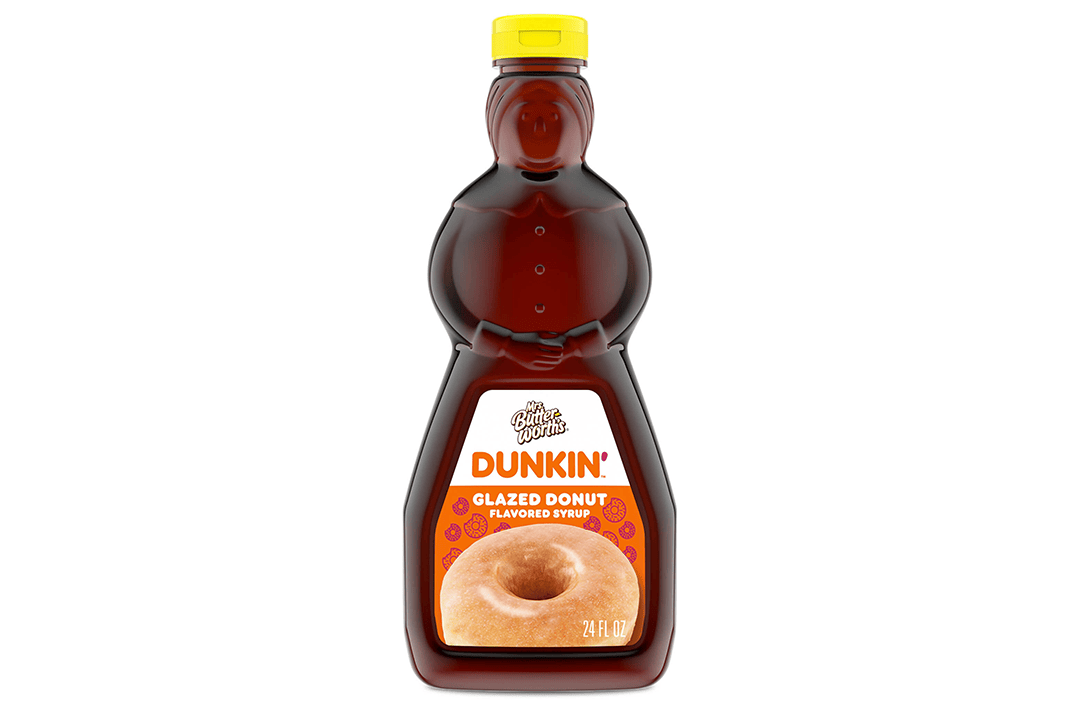 Can't decide between pancake and donuts? Breakfast fans can have a bit of both Mrs. Butterworth's Dunkin' Glazed Donut Flavored Pancake Syrup. (Photo by Conagra Brands, Inc.)