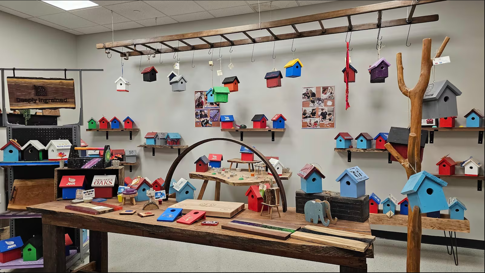 Birdhouses in the woodshop of James Whitcomb Riley Success Academy in Perry Township Schools.