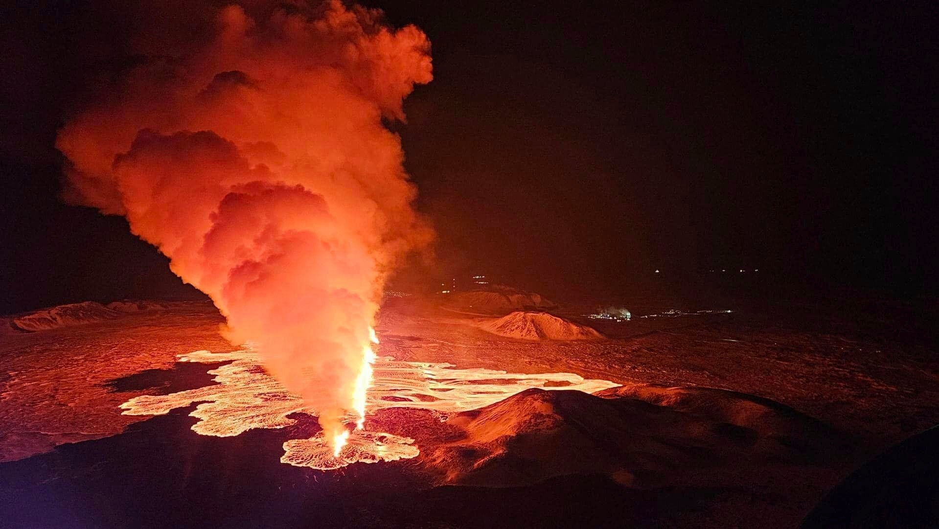 Aerial view of the volcano erupting, north of Grindavík, Iceland, Thursday, Feb. 8, 2024. Iceland’s Meteorological Office says a volcano is erupting in the southwestern part of the country, north of a nearby settlement. The eruption of the Sylingarfell volcano began at 6 a.m. local time on Thursday, soon after an intense burst of seismic activity. (Almannavarnir via AP)