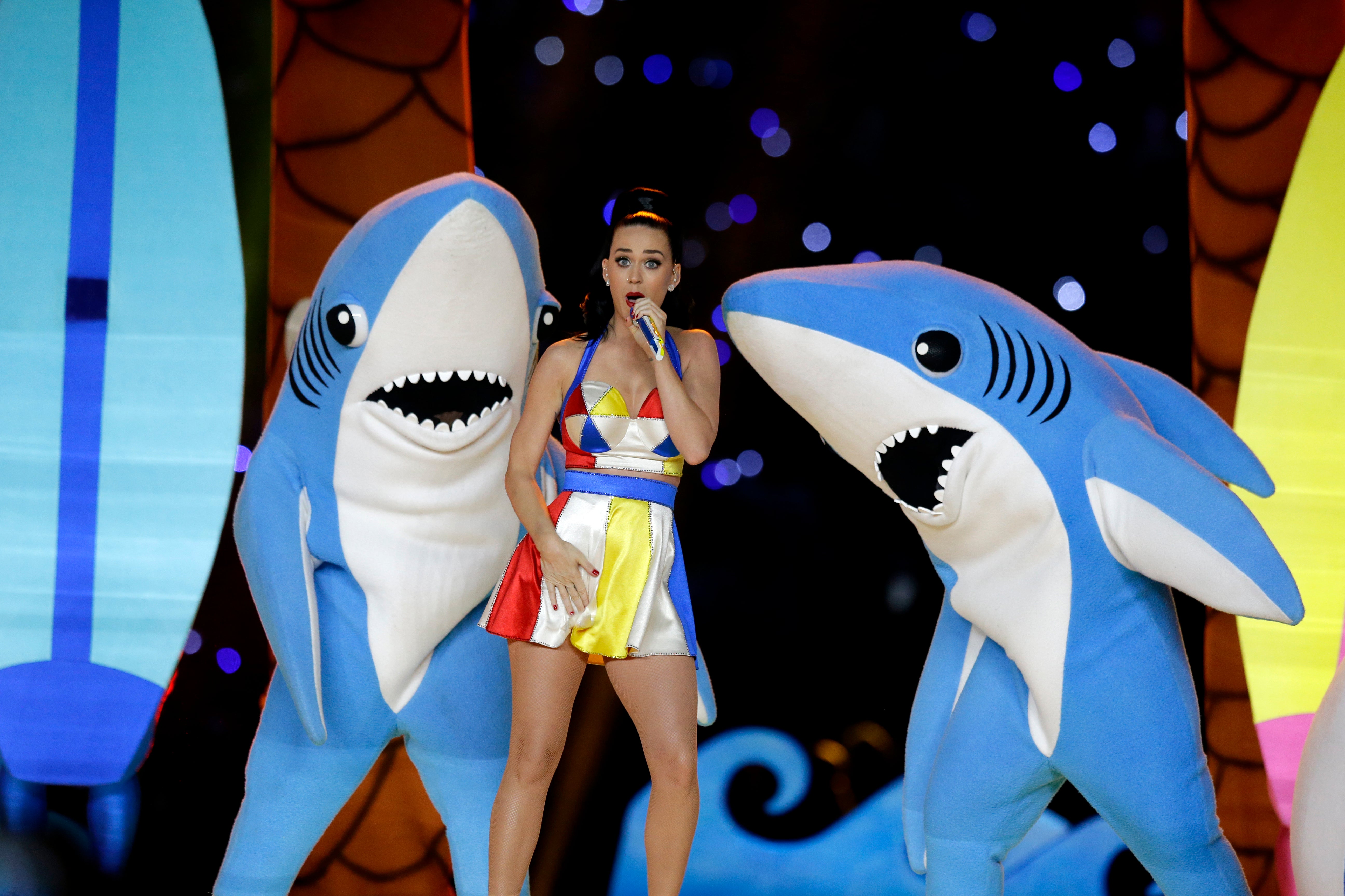 Katy Perry performs during halftime of NFL Super Bowl XLIX football game Sunday, Feb. 1, 2015, in Glendale, Ariz. (AP Photo/Michael Conroy)