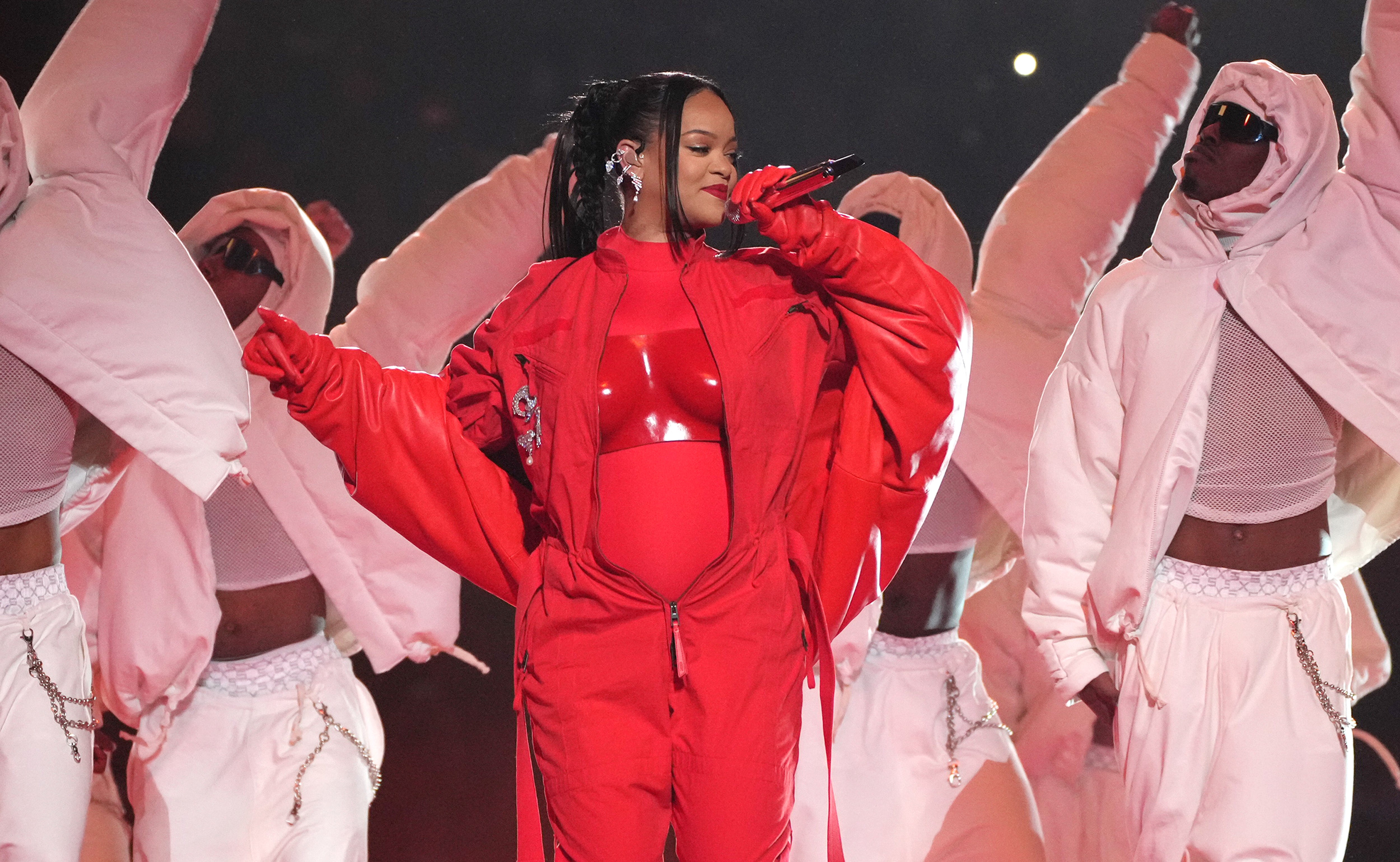 Rihanna performs during Apple Music Super Bowl LVII Halftime Show at State Farm Stadium on February 12, 2023 in Glendale, Arizona. (Photo by Kevin Mazur/Getty Images for Roc Nation)