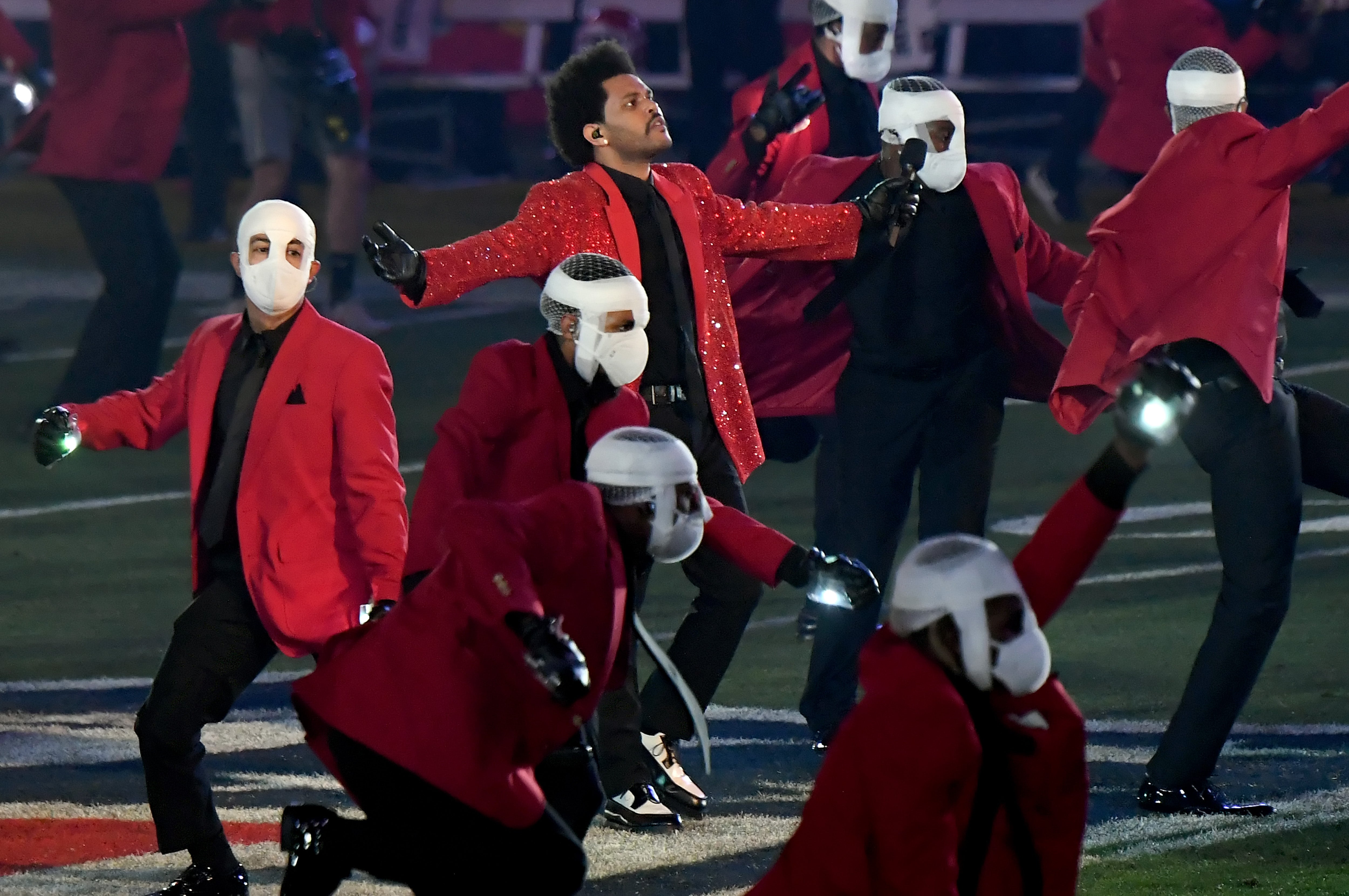 The Weeknd performs onstage during the Pepsi Super Bowl LV Halftime Show at Raymond James Stadium on February 07, 2021 in Tampa, Florida. (Photo by Kevin Mazur/Getty Images for TW)