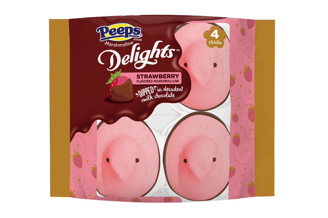 Every package of PEEPS Strawberry Flavored Delights includes four pastel pink marshmallow chicks dipped in decadent milk chocolate. Available exclusively at Target. (Photo by Just Born, Inc.)