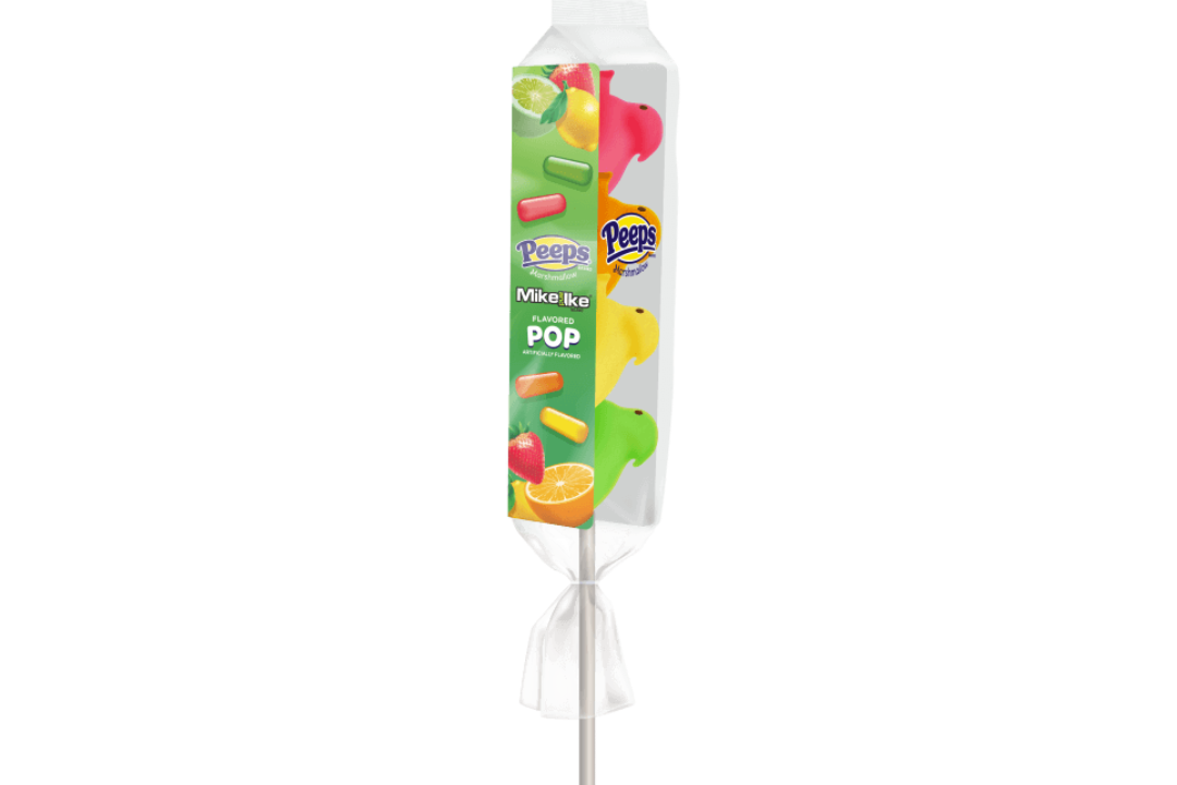 Why settle for an old-fashioned lollipop when you can have a Mike and Ike Flavored Marshmallow Chicks Pop? Each sweet treat includes four different Mike and Ike flavored chicks: Lemon, lime, strawberry, and orange. (Photo by Just Born, Inc.)