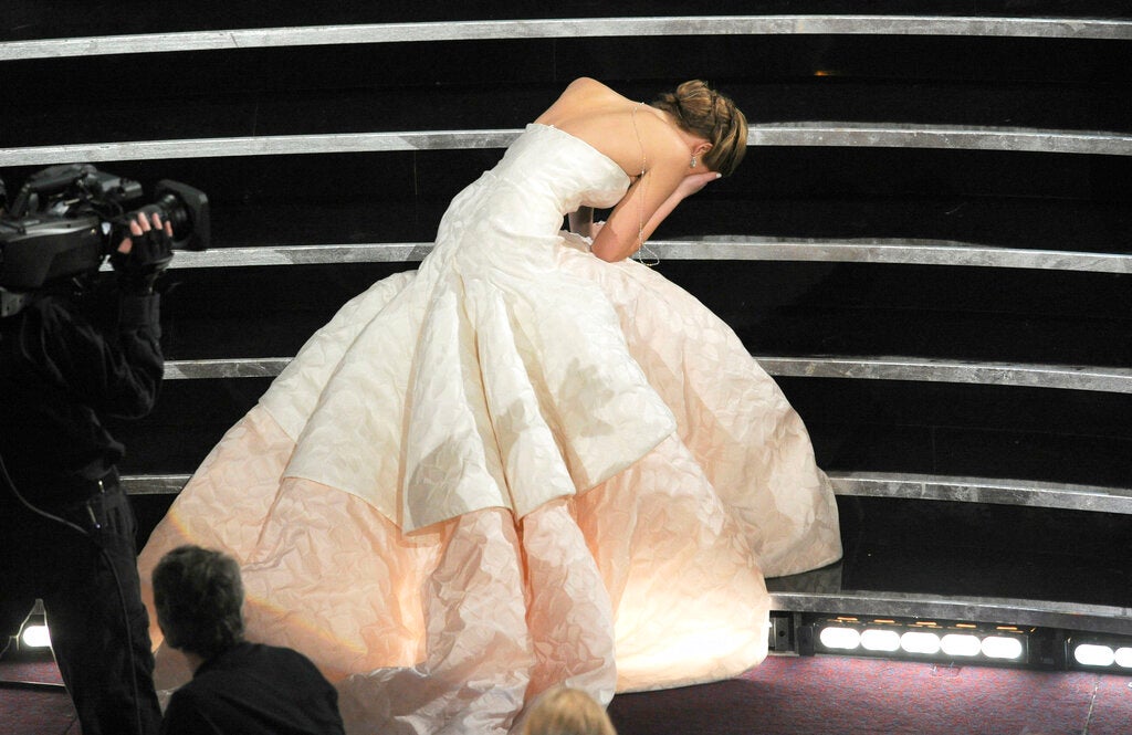 2013: Jennifer Lawrence trips on her way to collect her Oscar