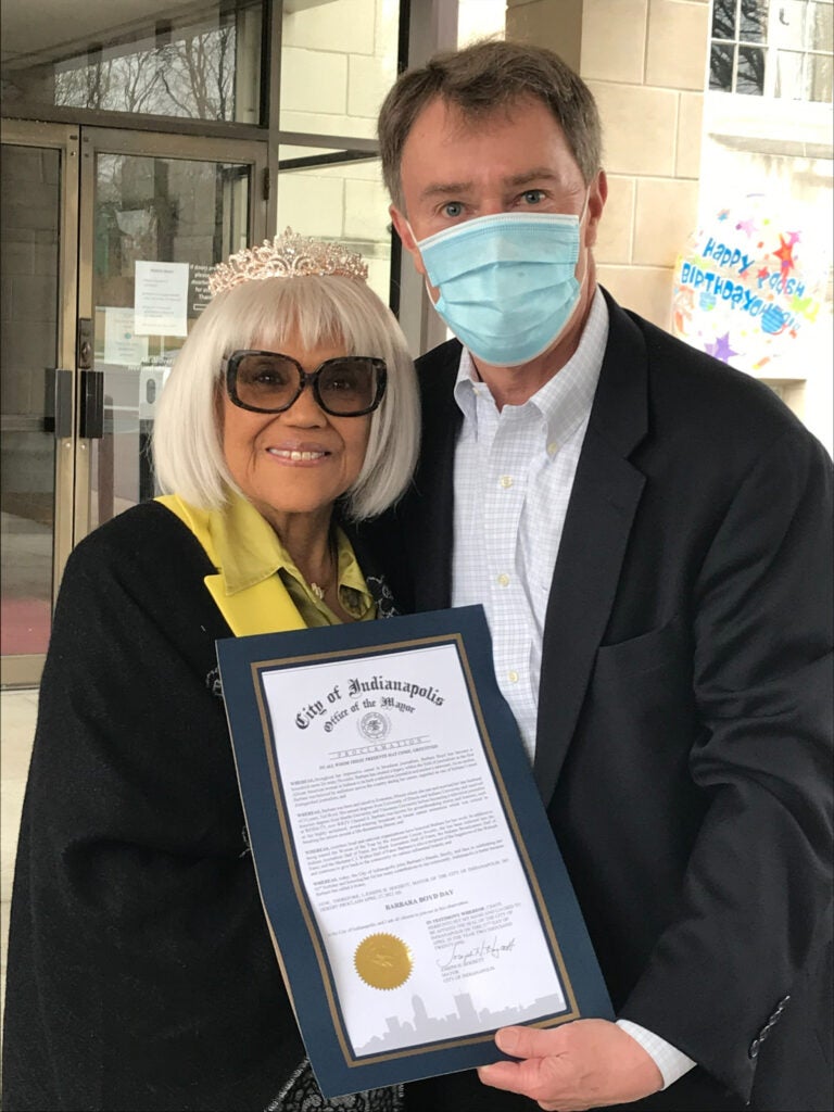 Pioneering TV reporter and news anchor Barbara Boyd poses for a photo with Indianapolis Mayor Joe Hogsett. (Provided Photo/Barbara Boyd)