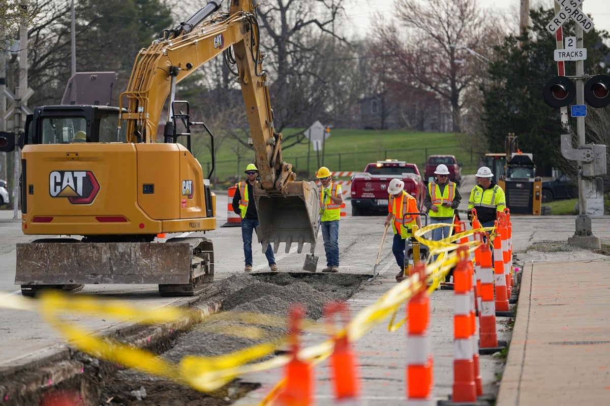 Construction is underway to convert New York Street into a two-way street Thursday, March 14, 2024, in Indianapolis. (Photo by Jenna Watson/Mirror Indy)