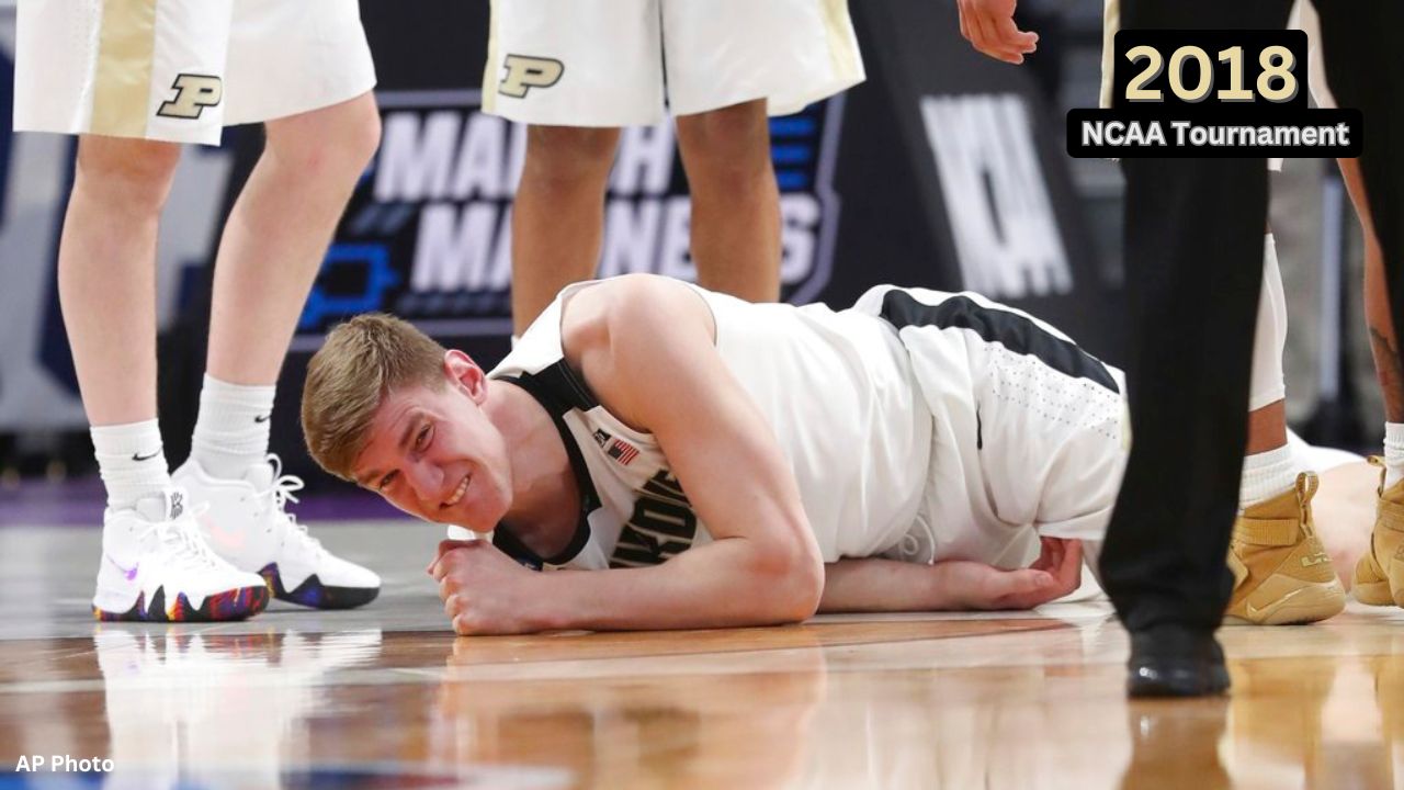 Isaac Haas broke his right elbow in Purdue's 74-48 victor against Cal State Fullerton in the first round of the 2018 NCAA Tournament.